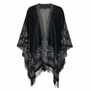 Cejoni‎ Black & Gray Animal Print Fringe Ruana Wrap – One Size